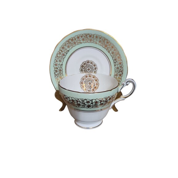 Victoria C& E Teacup and Saucer Gold Trim Gold Floral Band - Picture 2 of 7